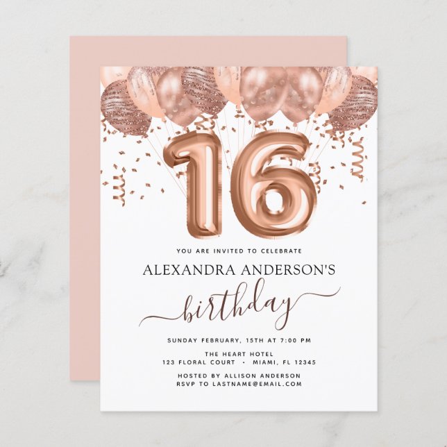 Budget Rose Gold Balloons Sweet 16 Birthday (Front/Back)