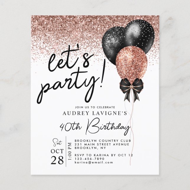 Budget Rose Gold Black Glitter Balloon Birthday (Front)