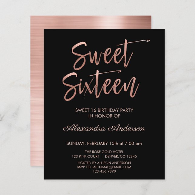 Budget Rose Gold Black Sweet Sixteen Birthday (Front/Back)