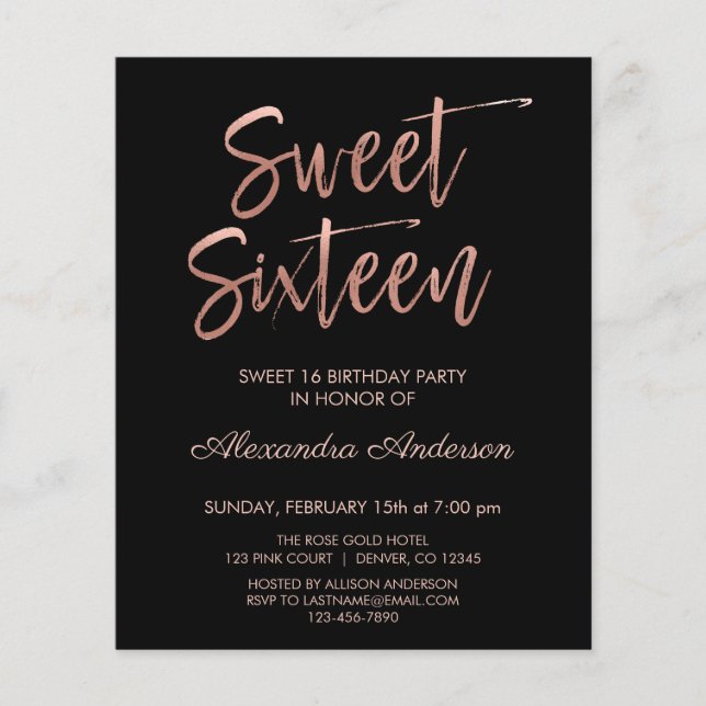 Budget Rose Gold Black Sweet Sixteen Birthday Flyer (Front)