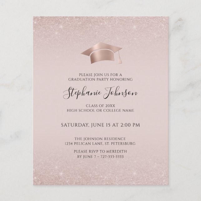 Budget Rose Gold Blush Glitter Grad Party Invite (Front)