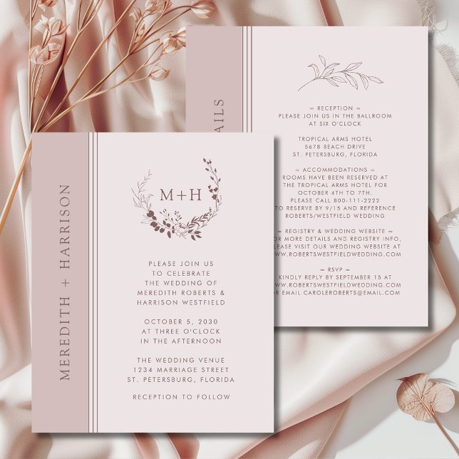 Budget Rose Gold Blush Monogram Wedding Invite (Budget Rose Gold Blush Monogram Wreath All in One with Details Wedding Invitation)