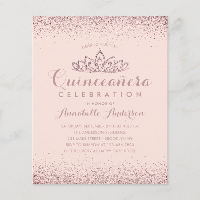 Budget Rose Gold Blush Quinceañera Tiara Invite (Front)