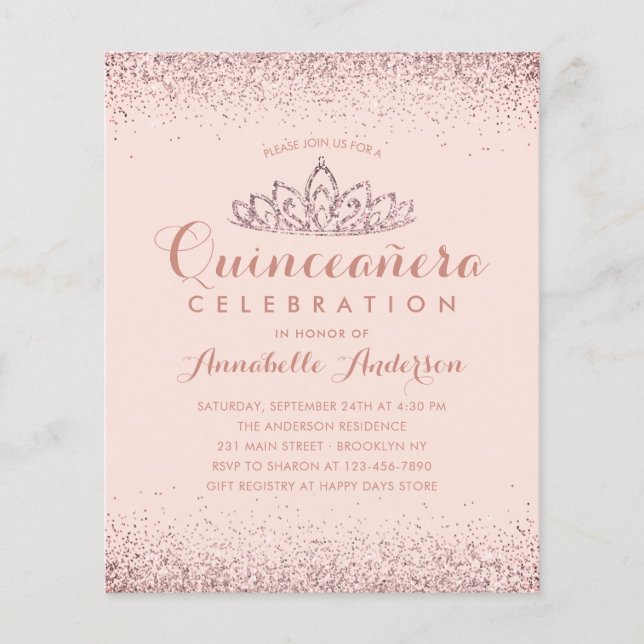 Budget Rose Gold Blush Quinceañera Tiara Invite (Front)