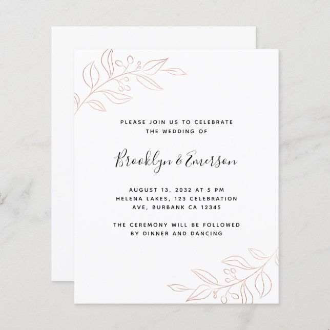 BUDGET Rose Gold Botanical Modern Wedding (Front/Back)