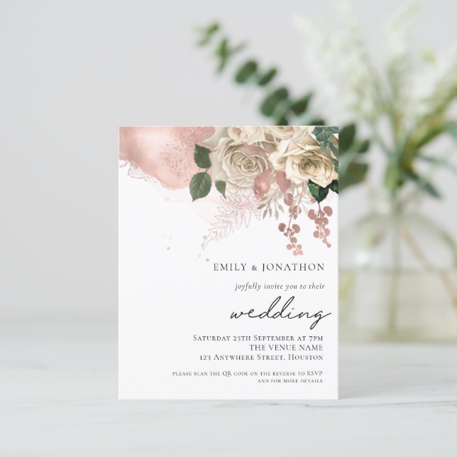 Budget Rose Gold Champagne Florals Wedding Invite (Standing Front)