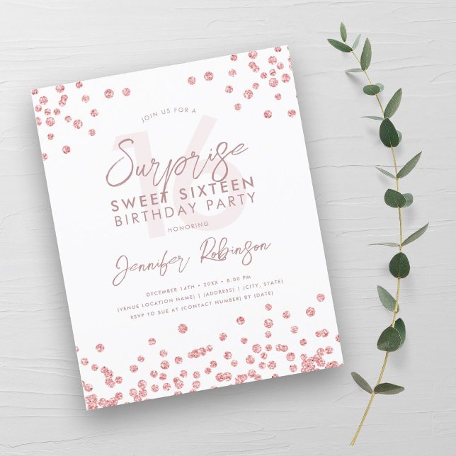 Budget Rose Gold Confetti Surprise Sweet 16  (Creator Uploaded)