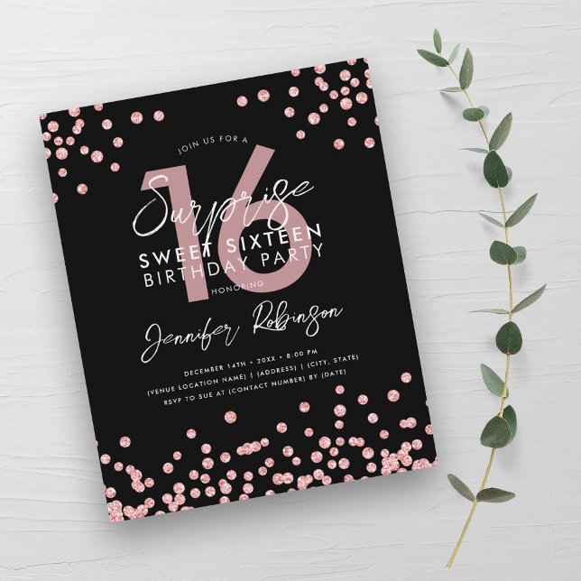 Budget Rose Gold Confetti Surprise Sweet 16 Invite (Budget Rose Gold Confetti Surprise Sweet 16 Invite)