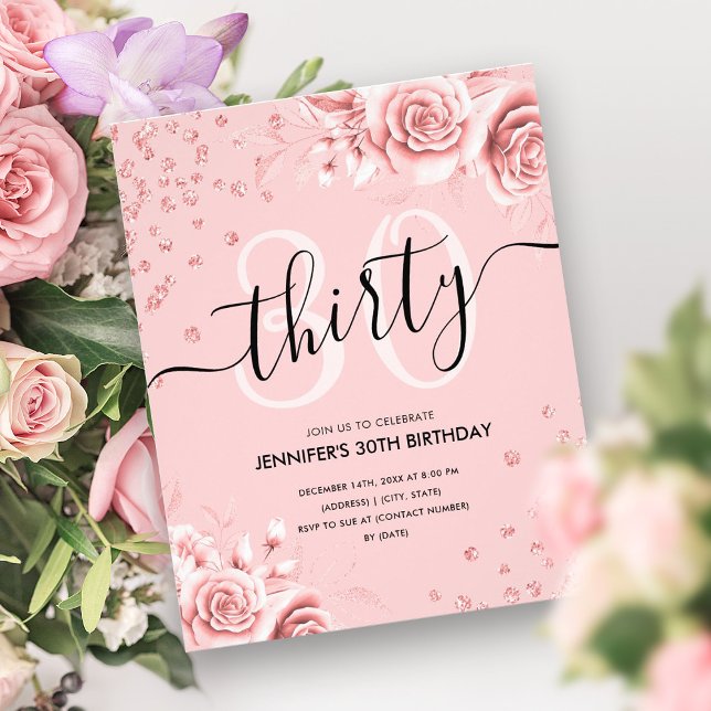 Budget Rose Gold Floral Glitter 30th Birthday  Flyer (Budget Rose Gold Floral Glitter 30th Birthday Flyer)