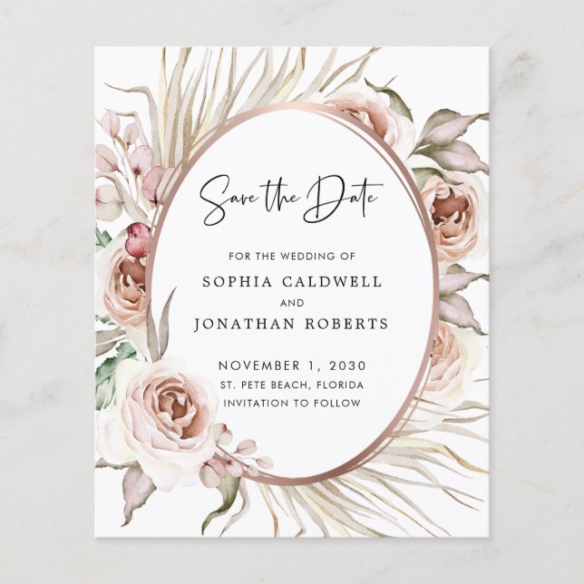 Budget Rose Gold Foil Boho Floral Save the Date (Front)