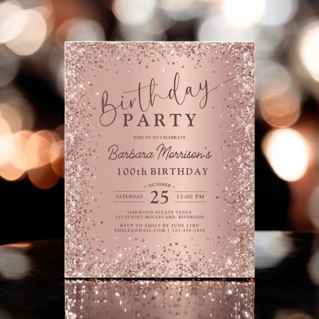 Budget Rose Gold Glitter 100th Birthday Invitation Flyer (Creator Uploaded)
