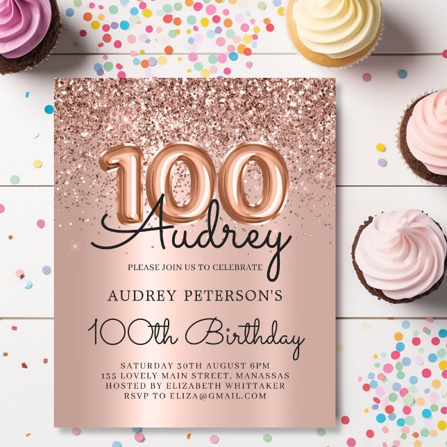 Budget Rose Gold Glitter 100th Birthday Invite (Creator Uploaded)