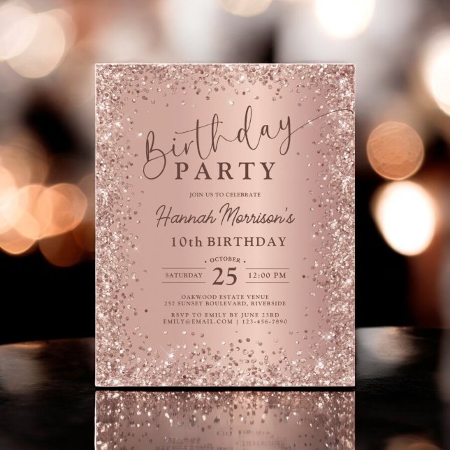 Budget Rose Gold Glitter 10th Birthday Invitation (Creator Uploaded)