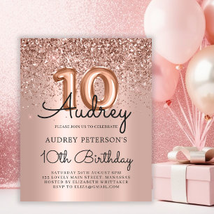 Budget Rose Gold Glitter 10th Birthday Invitation