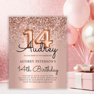 Budget Rose Gold Glitter 14th Birthday Invitation