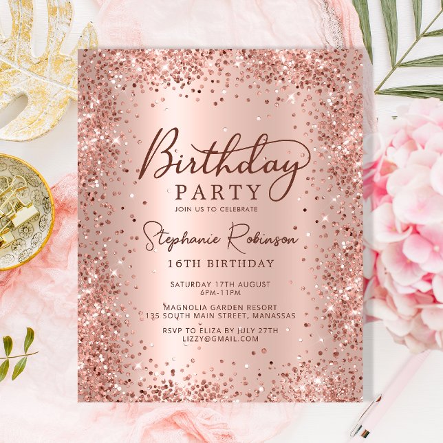 Budget Rose Gold Glitter 16th Birthday Invitation (Creator Uploaded)