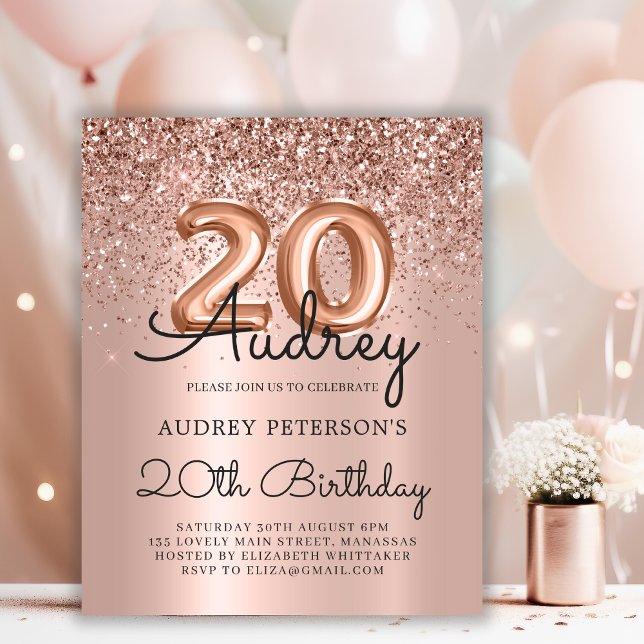 Budget Rose Gold Glitter 20th Birthday Invitation (Creator Uploaded)