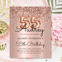 Budget Rose Gold Glitter 55th Birthday Invitation