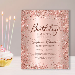 Budget Rose Gold Glitter 60th Birthday Invitation