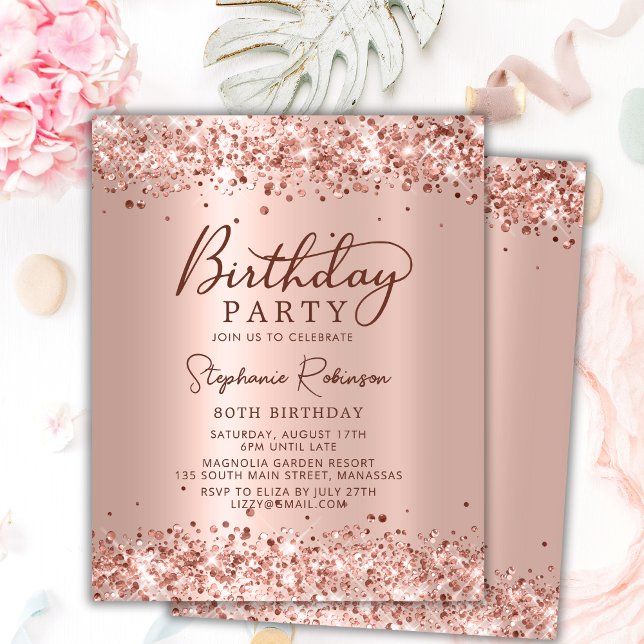 Budget Rose Gold Glitter 80th Birthday Invitation (Creator Uploaded)