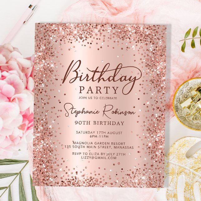 Budget Rose Gold Glitter 90th Birthday Invitation (Creator Uploaded)