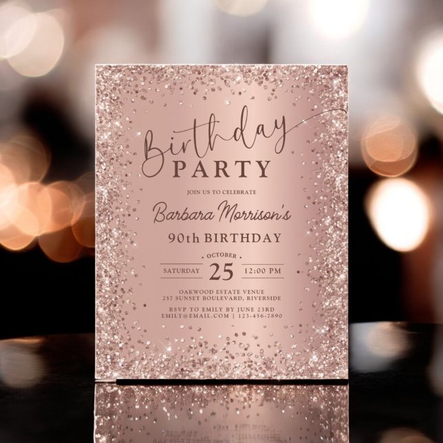 Budget Rose Gold Glitter 90th Birthday Invitation (Creator Uploaded)