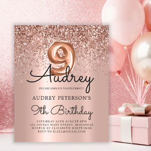 Budget Rose Gold Glitter 9th Birthday Invitation