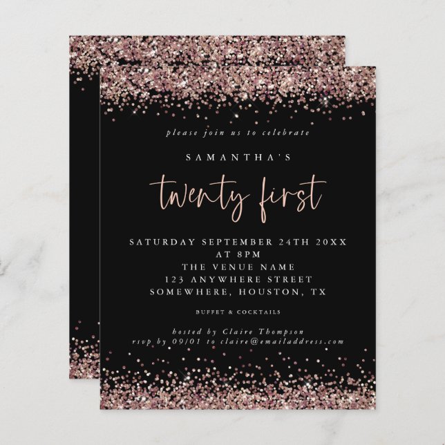 Budget Rose Gold Glitter Black 21st Party Invite (Front/Back)
