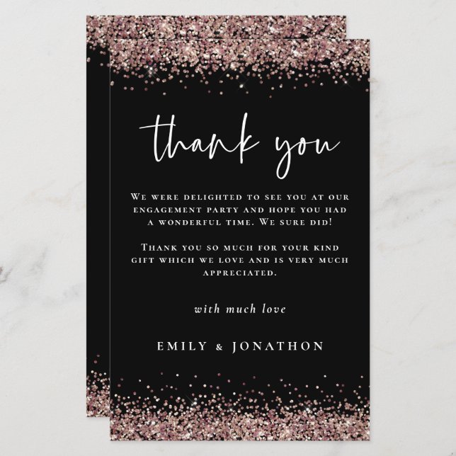 Budget Rose Gold Glitter Black Engagement Thanks (Front/Back)