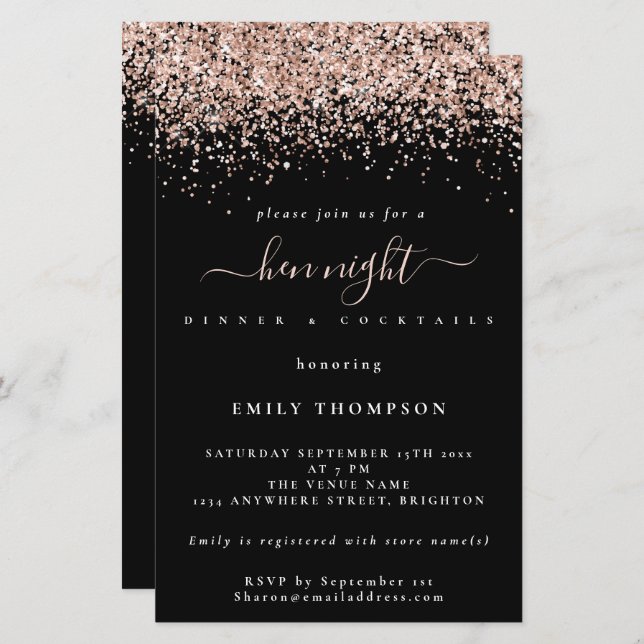 Budget Rose Gold Glitter Black Hen Night Invite (Front/Back)