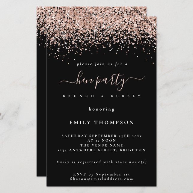 Budget Rose Gold Glitter Black Hen Party Invite (Front/Back)