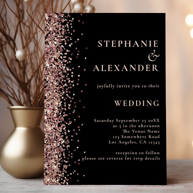Budget Rose Gold Glitter Black QR Wedding Invite (Creator Uploaded)