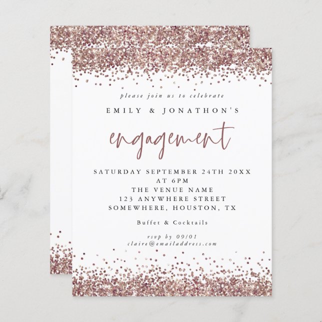 Budget Rose Gold Glitter Border Engagement Invite (Front/Back)