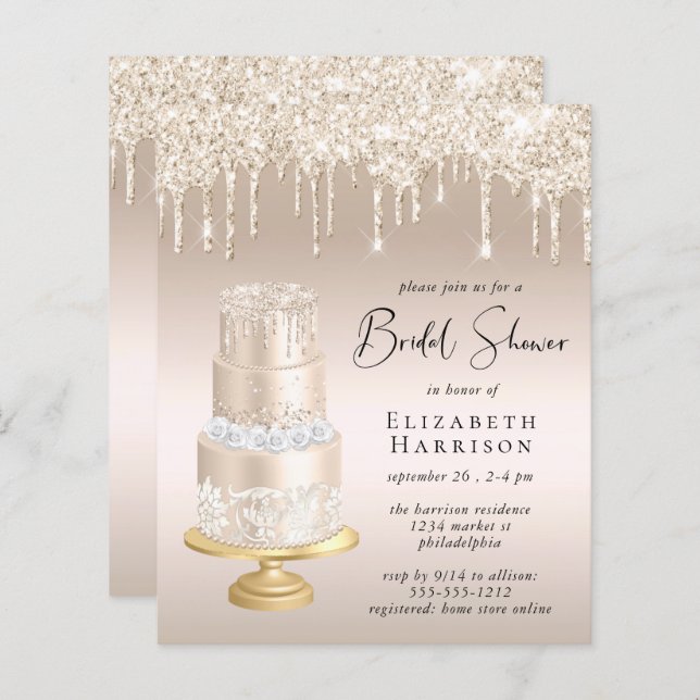 Budget Rose Gold Glitter Bridal Shower Invitation (Front/Back)