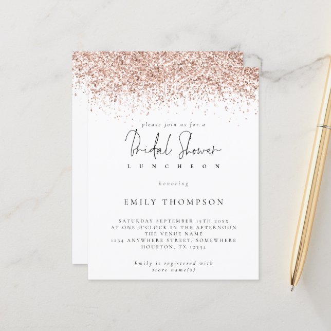 Budget Rose Gold Glitter Bridal Shower Invite (Front/Back In Situ)