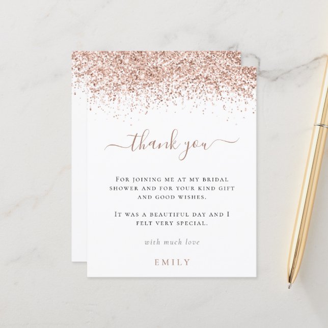 Budget Rose Gold Glitter Bridal Shower Thank You (Front/Back In Situ)