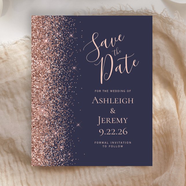Budget Rose Gold Glitter Dark Blue Save the Date (Creator Uploaded)