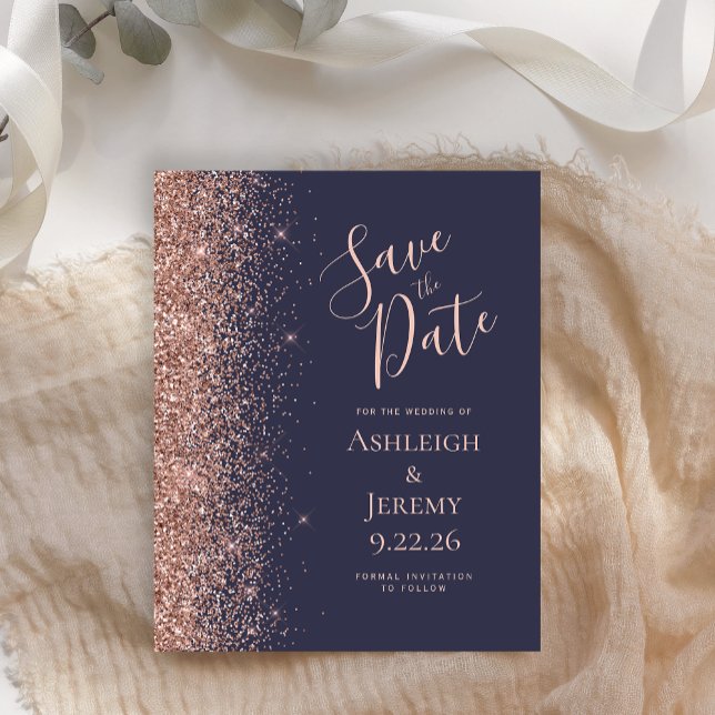 Budget Rose Gold Glitter Dark Blue Save the Date (Creator Uploaded)