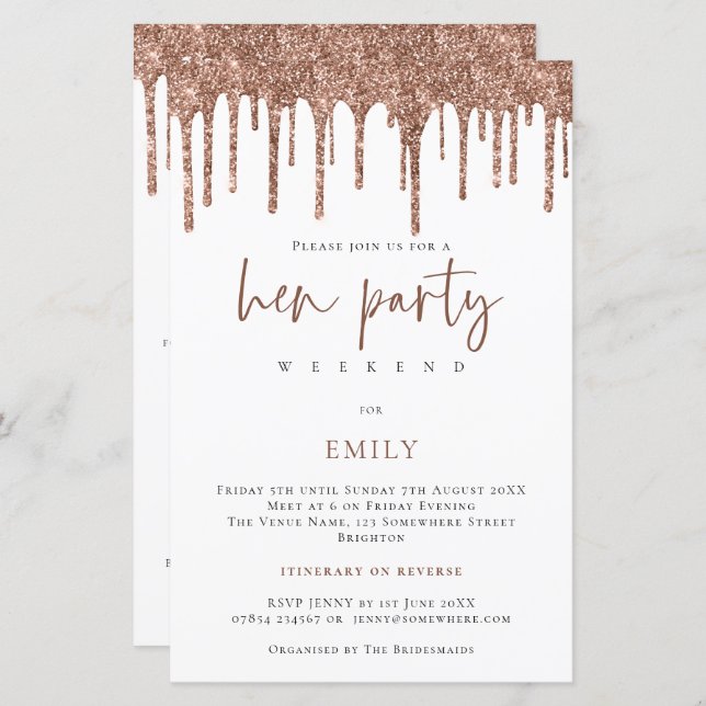Budget Rose Gold Glitter Drip Hen Weekend Invite (Front/Back)