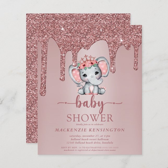 Budget Rose Gold Glitter Drips Elephant Baby Girl (Front/Back)