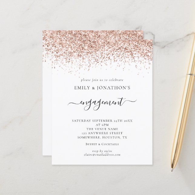 Budget Rose Gold Glitter Engagement Party Invite (Front/Back In Situ)