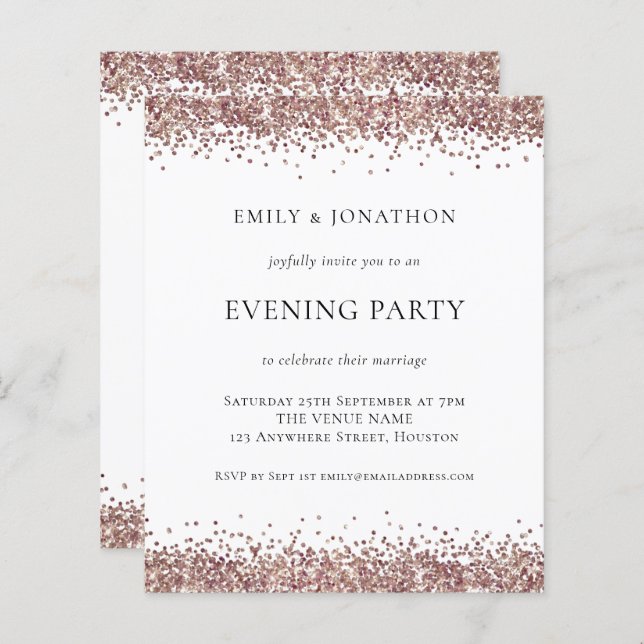 BUDGET Rose Gold Glitter Evening Party Invitation (Front/Back)