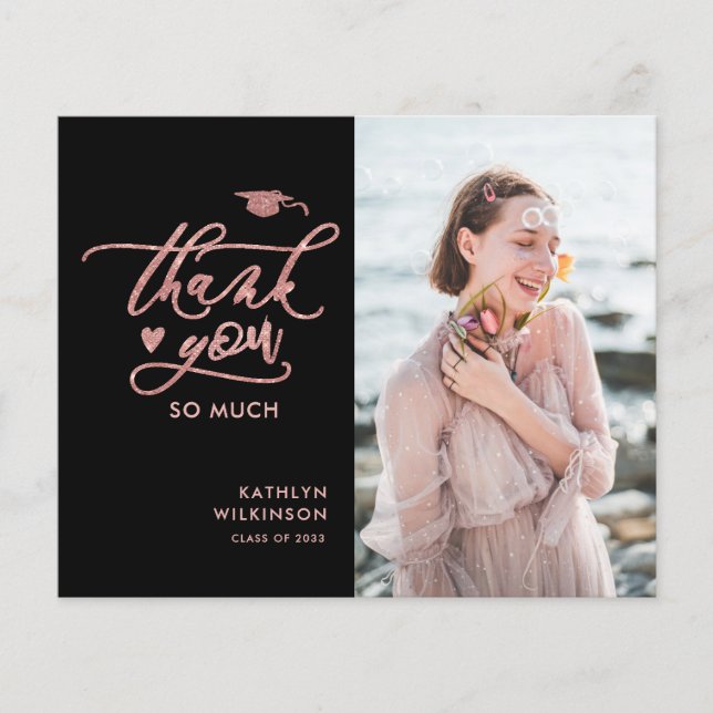 BUDGET Rose Gold Glitter GRADUATION Thank You Card (Front)
