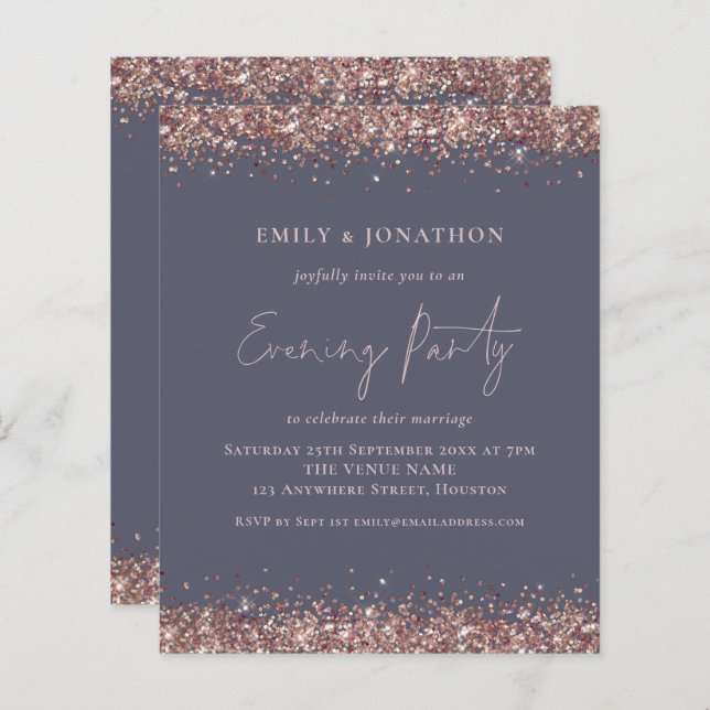 BUDGET Rose Gold Glitter Grey Evening Invitation (Front/Back)