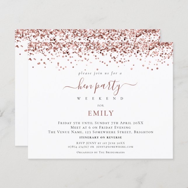 Budget Rose Gold Glitter Hen Do Itinerary Invite (Front/Back)