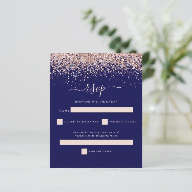 Budget Rose Gold Glitter Navy Blush Wedding RSVP (Standing Front)