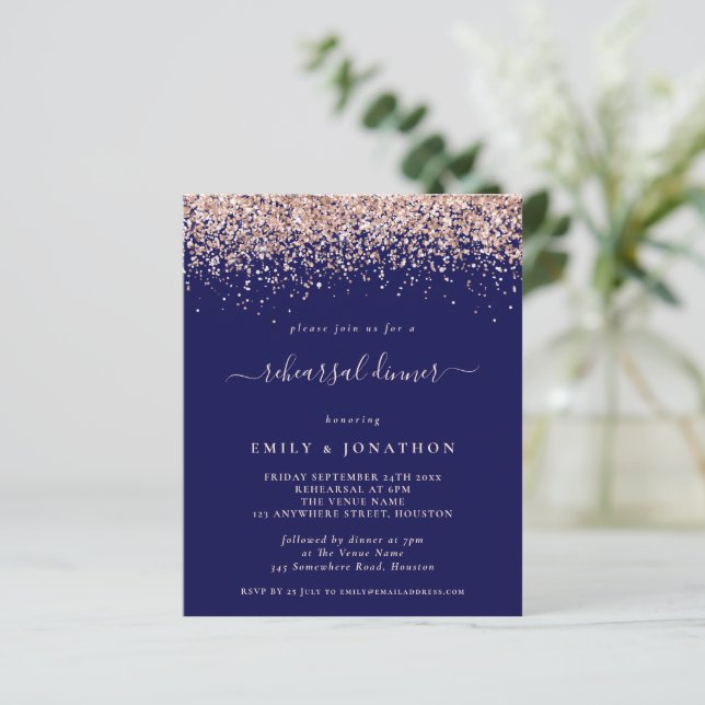 Budget Rose Gold Glitter Navy Rehearsal Dinner (Standing Front)