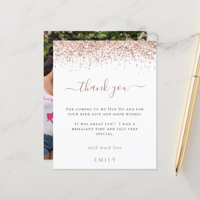 Budget Rose Gold Glitter Photo Hen Party Thank You (Front/Back In Situ)