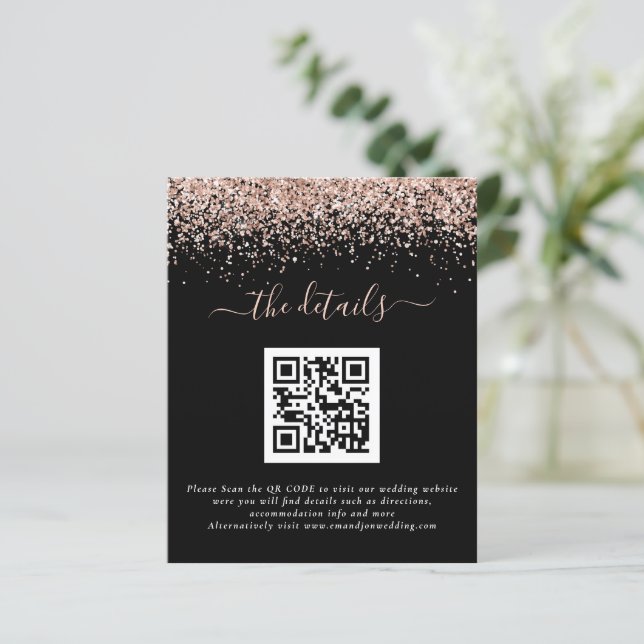 Budget Rose Gold Glitter QR Black Wedding Details  (Standing Front)