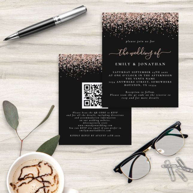 Budget Rose Gold Glitter QR Black Wedding Invite (Creator Uploaded)